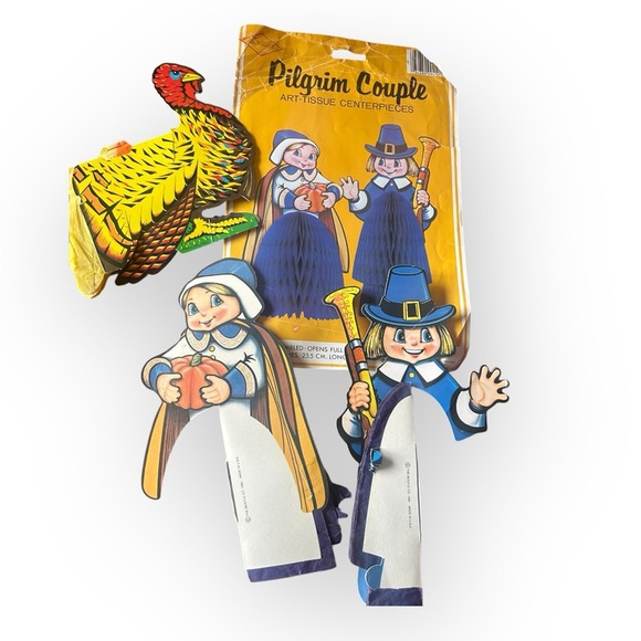 Vintage RARE Pilgrim couple fan out art tissue centerpiece with turkey, 1984 - Picture 1 of 14